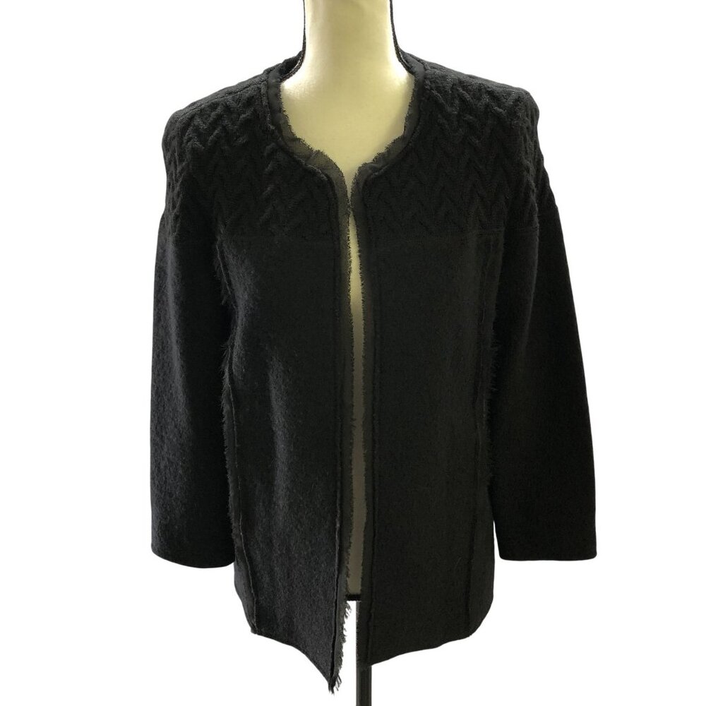 For‎ Cynthia 100% Wool Blazer Jacket Womens M Black Open Front Fringe Formal